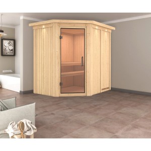 Karibu Sauna Cleo mit Ofen, externer Steuerung und Glastür. Massivholzsauna mit LED-Dachkranz.