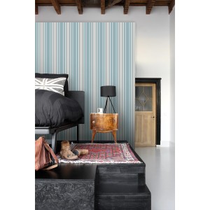 ESTAhome Vliestapete mit Streifen in Blau und Grau im Vintage-Stil.