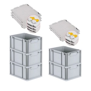PROREGAL Spar Set: 5 graue Euroboxen mit Scharnierdeckel und gelben Verschlüssen, 20 Liter.