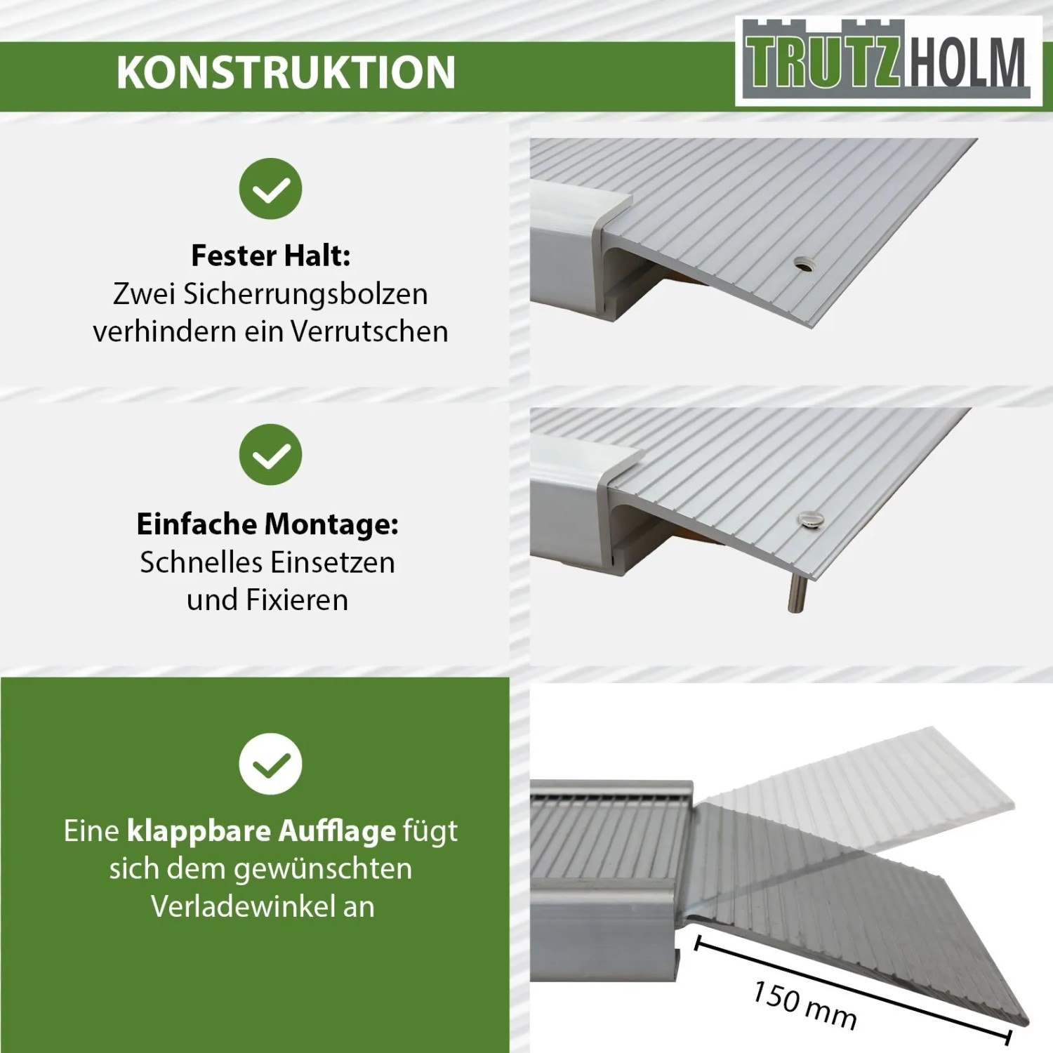 TRUTZHOLM Breitrampe: Konstruktionsdetails mit Sicherungsbolzen, einfacher Montage und klappbarer Auflage aus geriffeltem Aluminium.