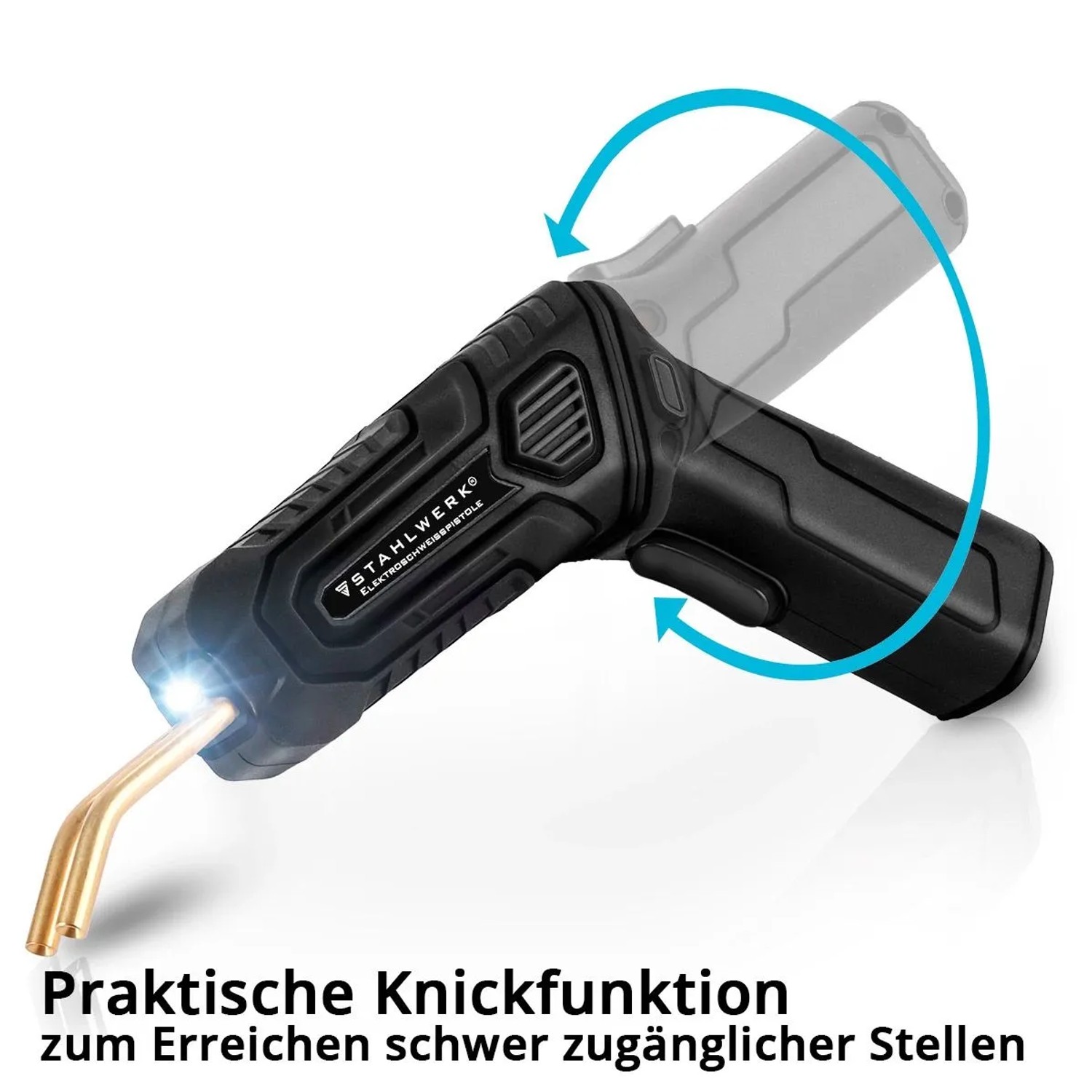 STAHLWERK Kunststoff Schweißgerät mit Knickfunktion und LED-Licht für schwer zugängliche Reparaturen. Akku-Heißhefter.