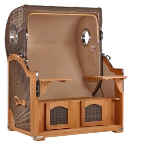 GarWoh Strandkorb Rantum Teak PE Grey Dessin 518 mit Bullaugen und Teakholzrahmen.