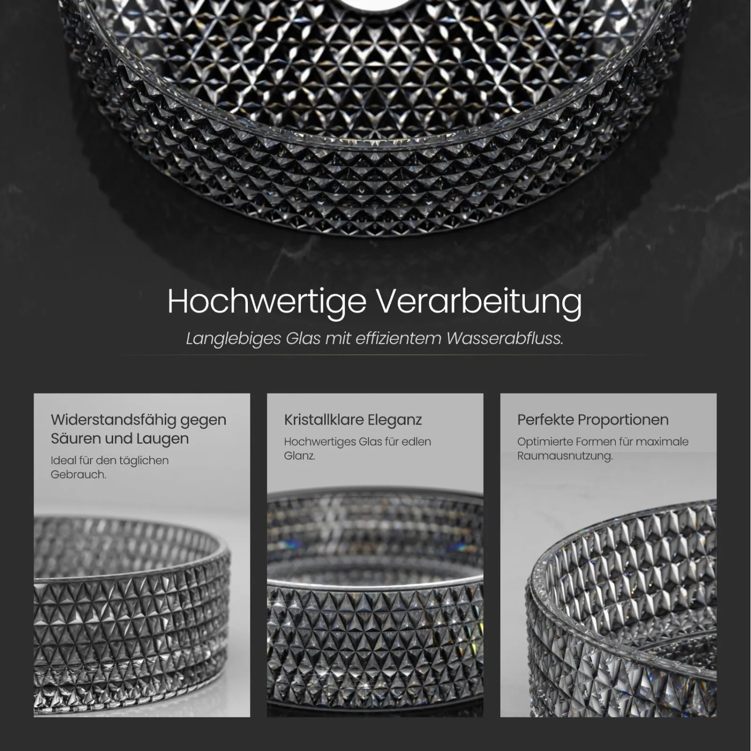 Rundes Emke Aufsatzwaschbecken aus schwarzem Glas, 36x36 cm, strukturiertes Design.