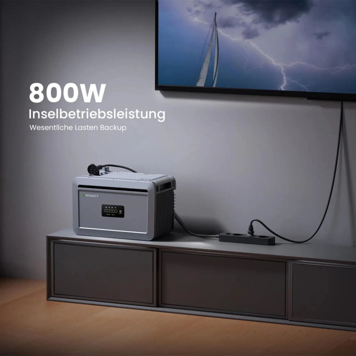 Growatt Nexa 2000 Power Station mit Erweiterungsakku auf einem Sideboard. Stromversorgung bei Stromausfall.