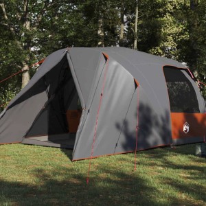 Grau-oranges Dome Zelt für 4 Personen von vidaXL. Campingzelt mit geöffnetem Eingang im Grünen.