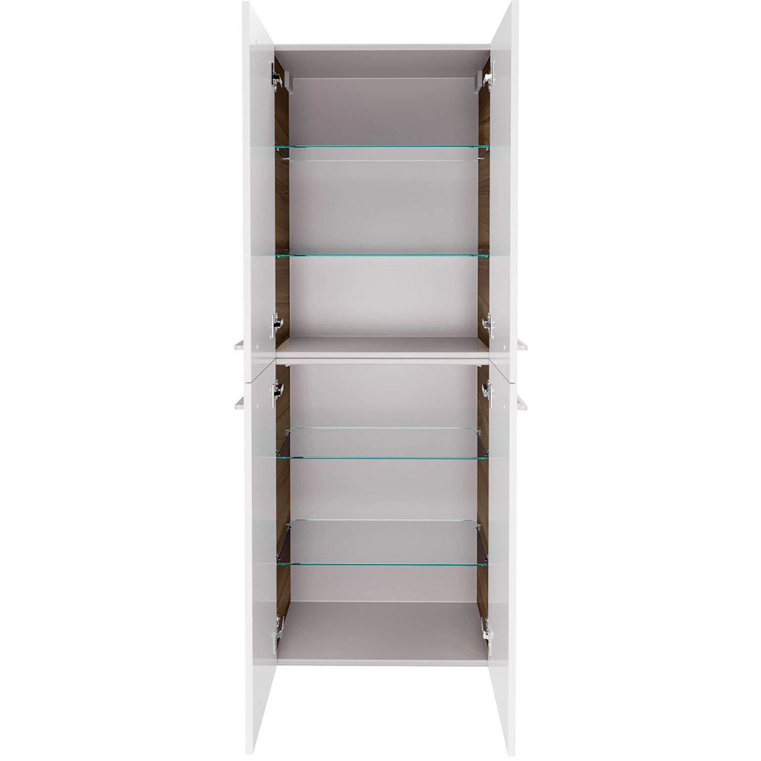 Offener Fackelmann Doppel-Hochschrank Verona, 60 cm, Nussbaum/Weiß Hochglanz mit Glasböden.