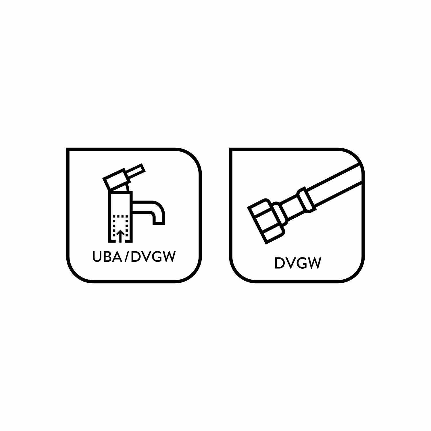 Icons für baliv Waschtischarmatur WT-140: UBA/DVGW-Zertifizierung und DVGW-Zertifizierung für Anschlussschlauch.