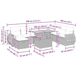 Schwarze 9-tlg. Garten-Sofagarnitur aus Polyrattan mit cremeweißen Kissen und Tisch, Maße siehe Grafik.