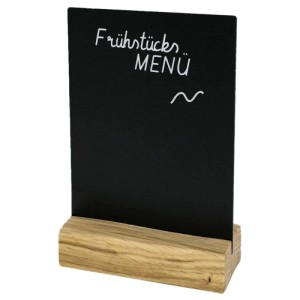 Schwarzer HMF Kreidetafel T-Aufsteller DIN A6 mit Holzfuß, beschriftet mit 'Frühstücks Menü'. Für Büro & Gastronomie.