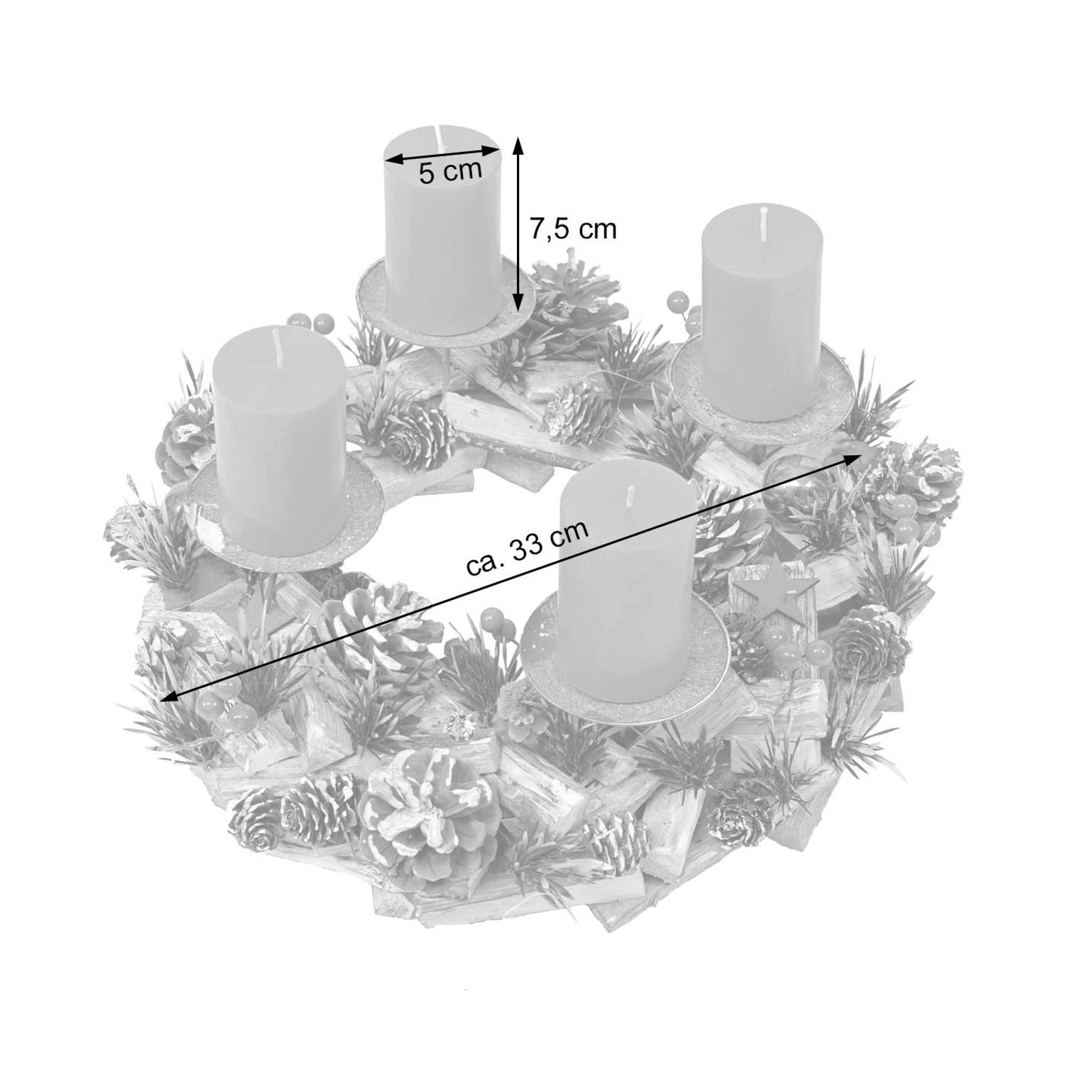 MCW Adventskranz aus Holz mit 4 roten Kerzen, geschmückt mit Kunstgrün und Kugeln.