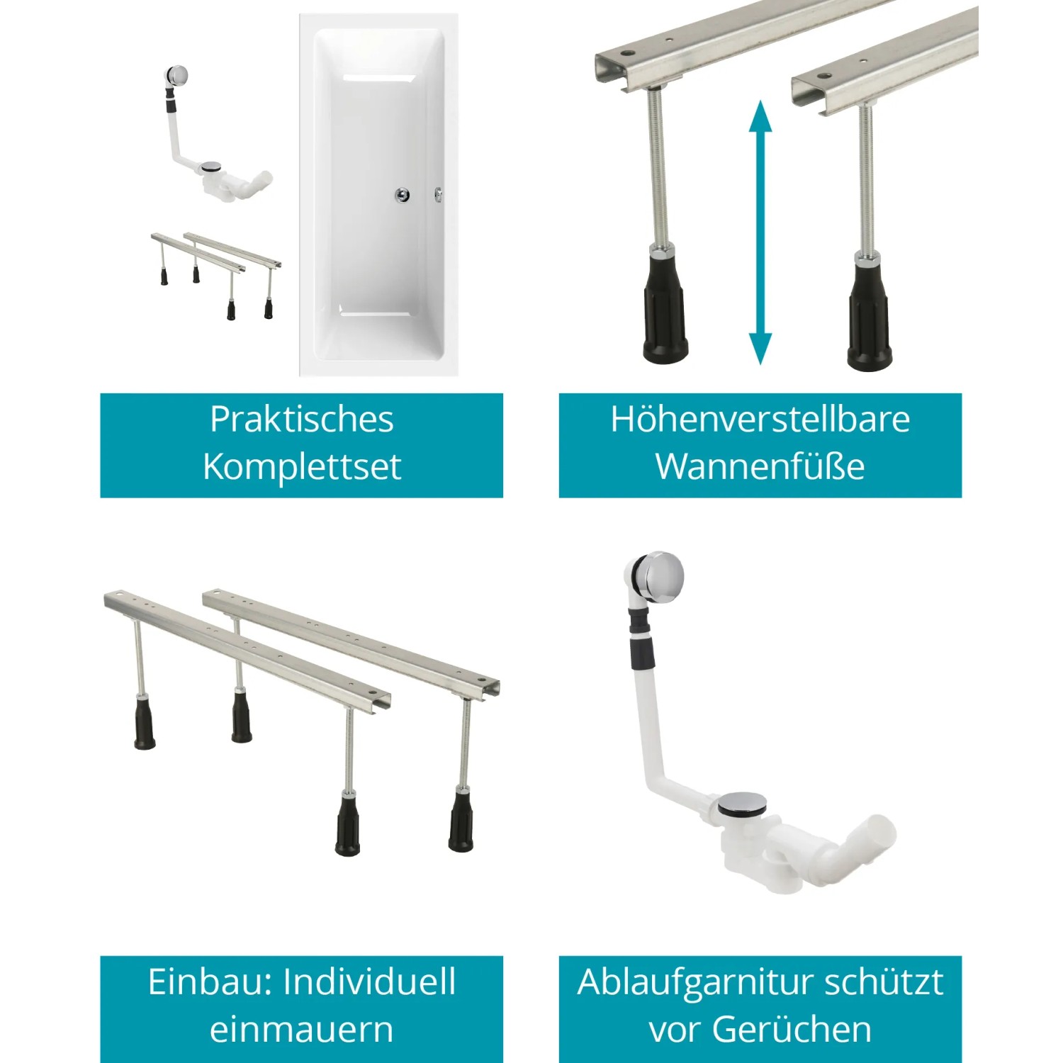 Calmwaters Duo-Badewanne 170x75 cm Set mit Füßen und Ablaufgarnitur.