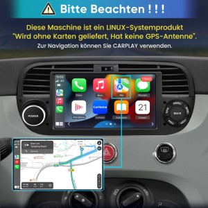 Schwarzes Junsun Autoradio für Fiat 500 mit Linux-System, Touchscreen, CarPlay Navigation und physischen Tasten.