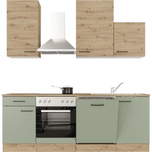 Flex-Well Küche in Schilfgrün/Artisan Eiche mit E-Geräten und Spüle. Küchenzeile mit Herd, Spüler und Dunstabzugshaube.