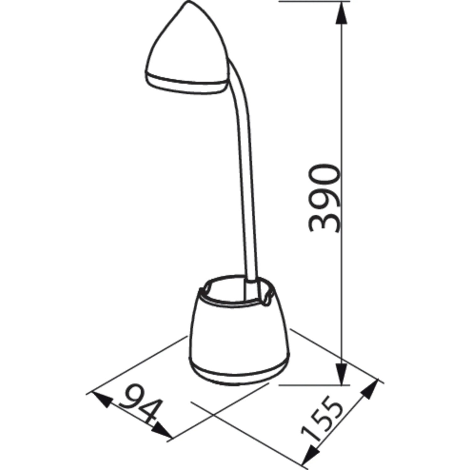 Skizze der weißen Philips Hat LED Schreibtischleuchte mit Maßen 390x94x155 mm.