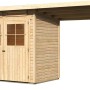 Unbehandeltes Karibu Holz-Gartenhaus Egersund mit Pultdach und Anbau.