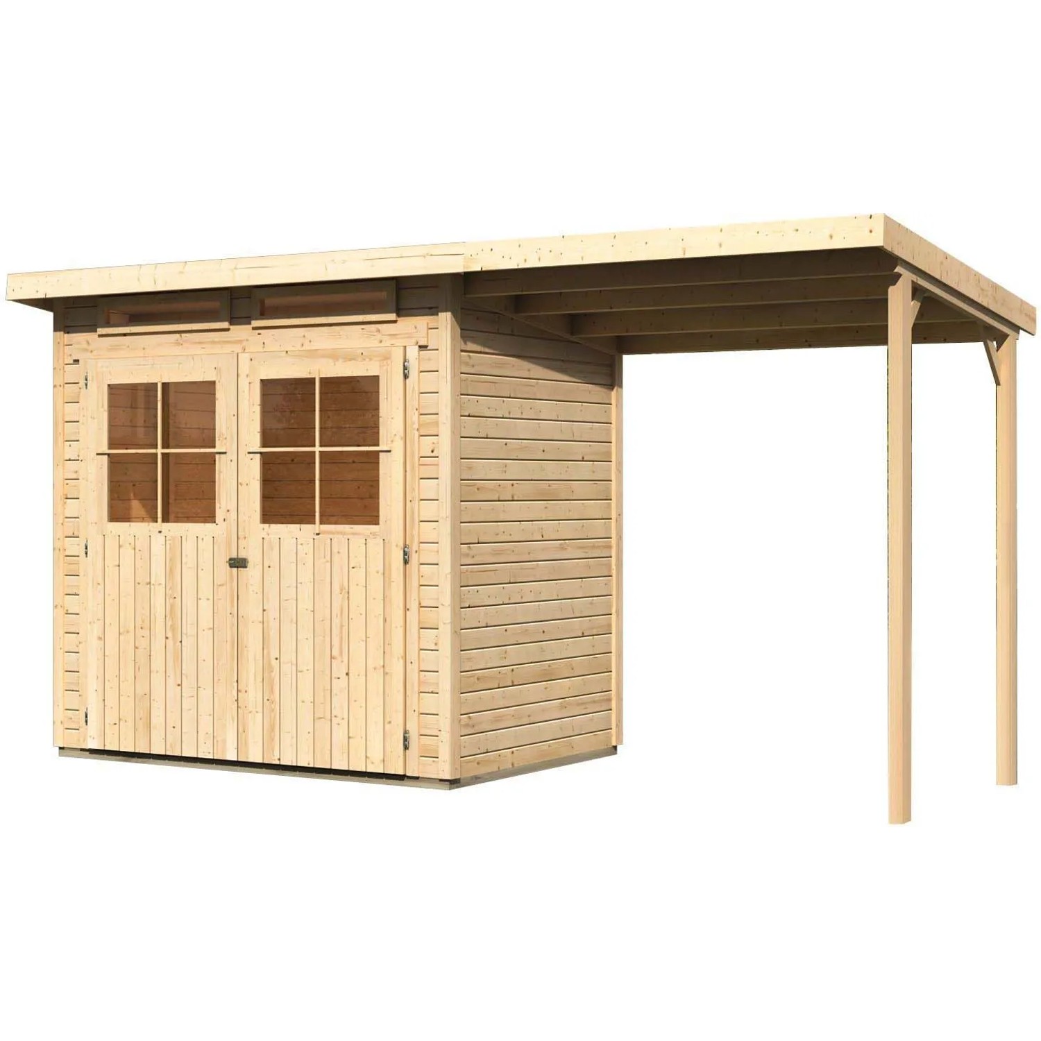 Unbehandeltes Karibu Holz-Gartenhaus Egersund mit Pultdach und Anbau.