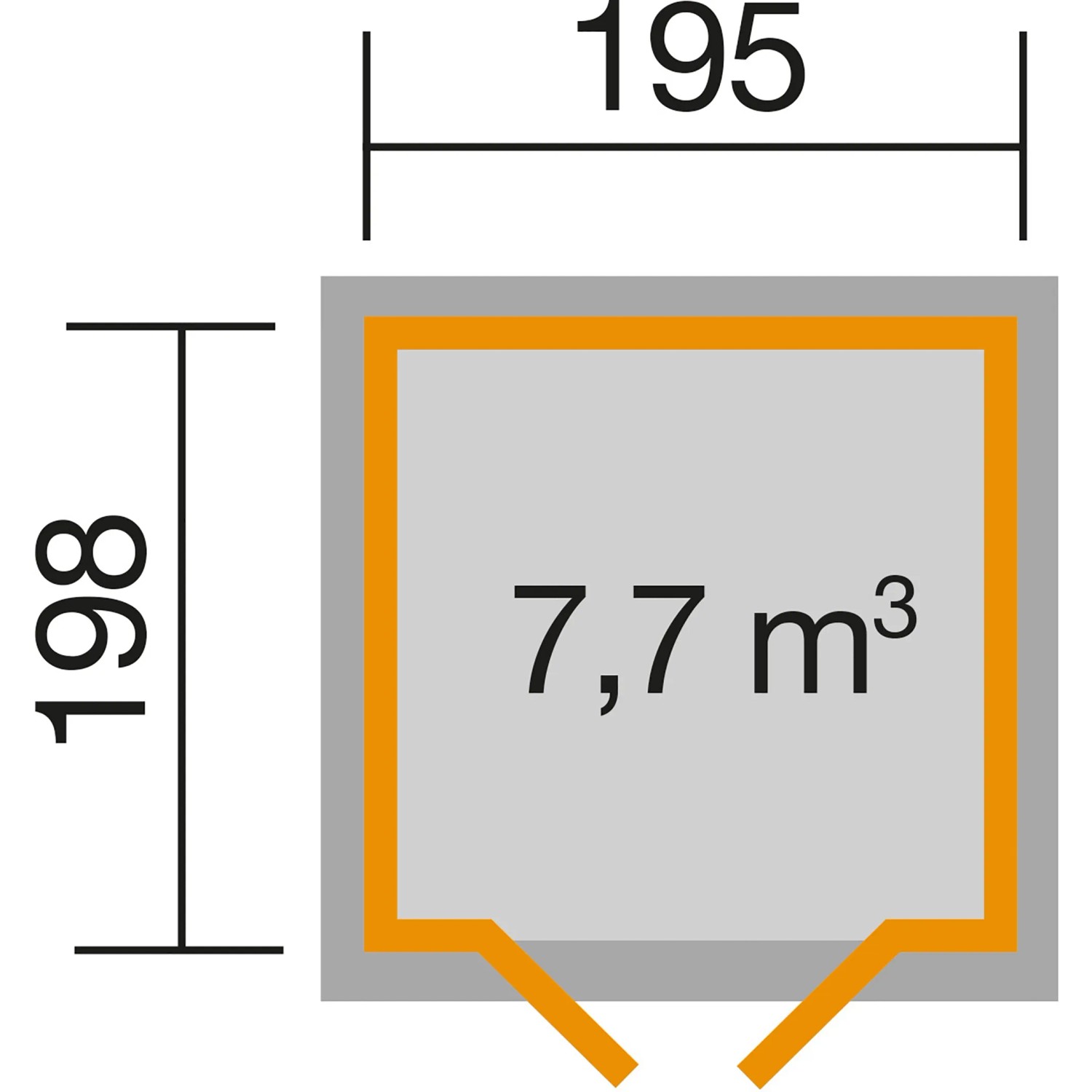 Grundriss Weka Holz-Gartenhaus Pesaro: 198x237 cm, Flachdach, unbehandelt, Volumen 7,7 m³.