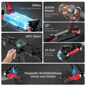 HITWAY H10 E-Scooter: 90km Reichweite, 500W Motor, NFC, 10-Zoll-Reifen, 20° Steigung, Federung.