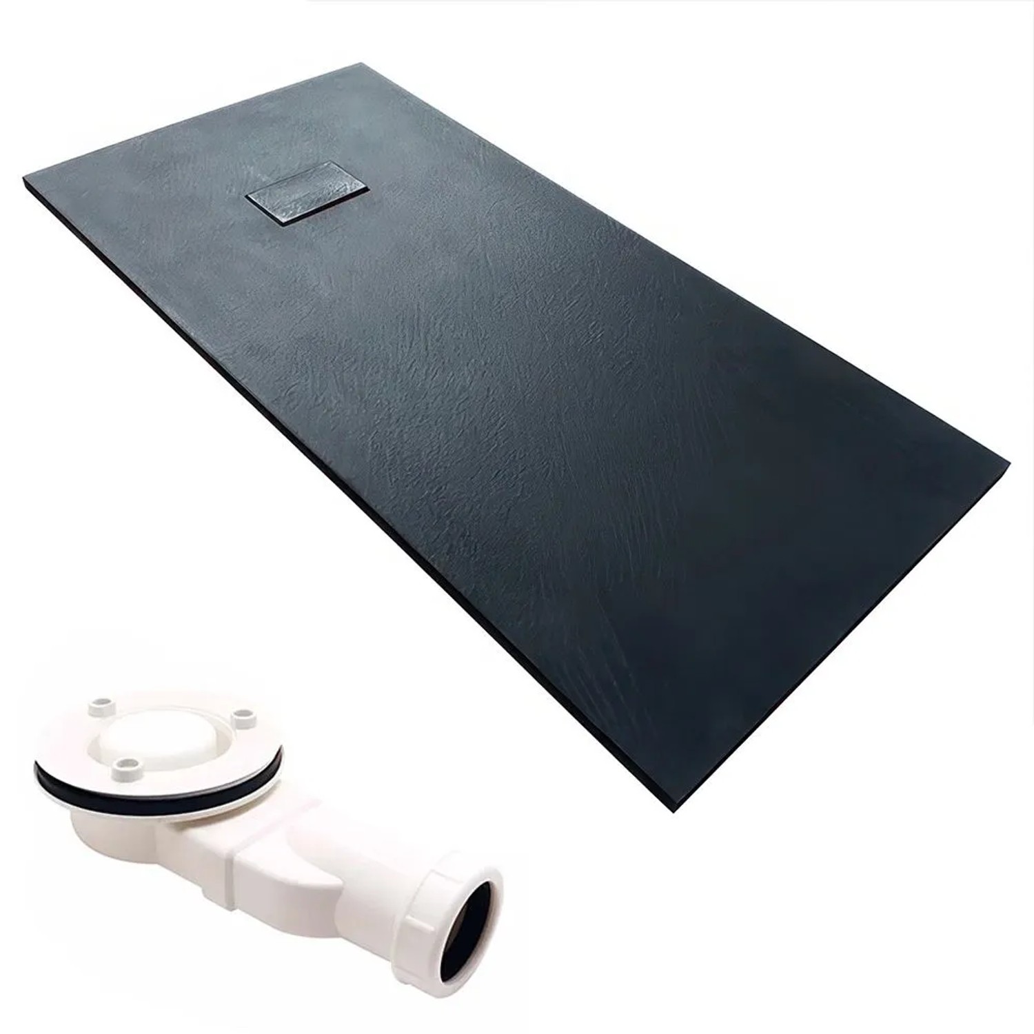KOLMAN Duschwanne Rechteckig 180 x 90 x 3.2 Cm Verbundwerkstoff Schwarz Steinoptik Inkl. Ablaufgarnitur