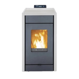 Weißer SCHENGER Pelletofen HP07 mit Flamme, 8kW, A++, WIFI, ECO, TIMER.