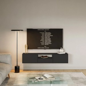 Schwarzes Selsey TV-Hängeboard Framme 150 cm mit Ablage an der Wand montiert.