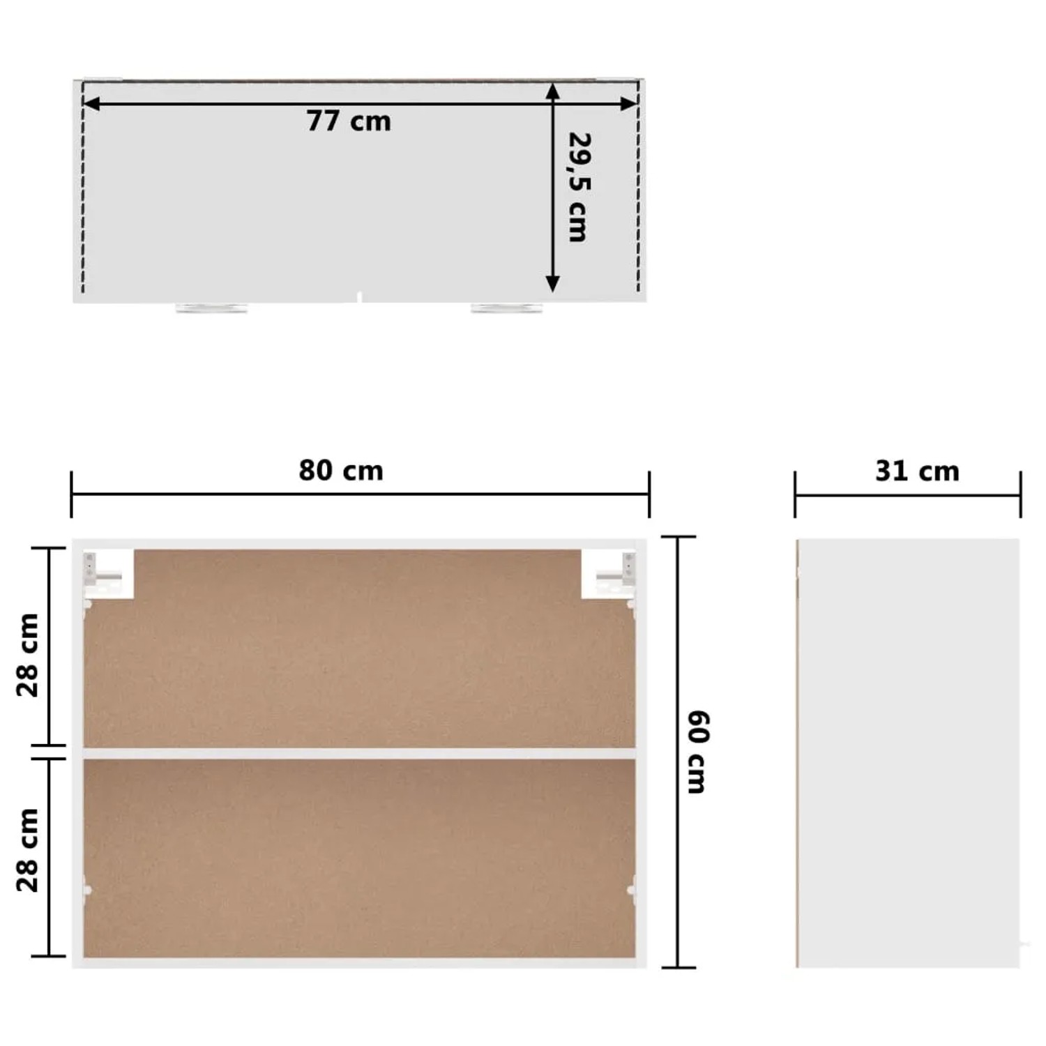vidaXL Hängeschrank, weiß, 80x31x60 cm, Holzwerkstoff, Küchenschrank mit zwei Regalböden, Maße.