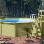 Karibu Holzpool X1 mit blauer Innenhülle und Leiter im Garten.