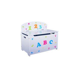 Weiße Kinder-Truhenbank mit ABC-Motiv, Stauraum und Sitzfläche. Holz-Spielzeugtruhe für Kinderzimmer.
