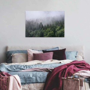 Bricoflor Leinwand Wandbild: Wald im Nebel, Tannen, Grün/Weiß, Querformat. Wanddekoration für Schlafzimmer.