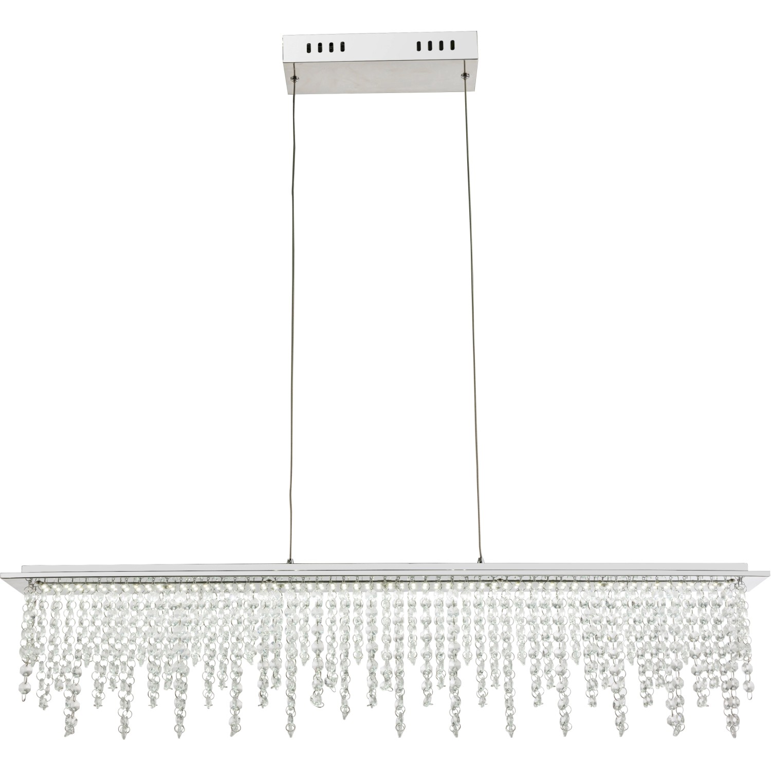 Moderne LED-Pendelleuchte SCALA in Chrom mit Kristallen, dimmbar und mit Fernbedienung.