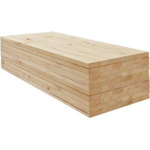 Stapel unbehandelter Fichte Leimholzplatten 100x30x1,8 cm für Regalböden und Möbelbau.