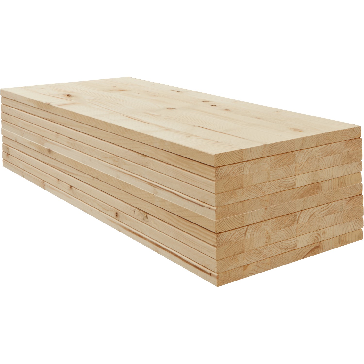Stapel unbehandelter Fichte Leimholzplatten 100x30x1,8 cm für Regalböden und Möbelbau.