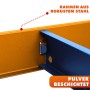 Detailaufnahme: Blau-oranges KARAT Schwerlastregal Rhino mit pulverbeschichtetem Stahlrahmen.