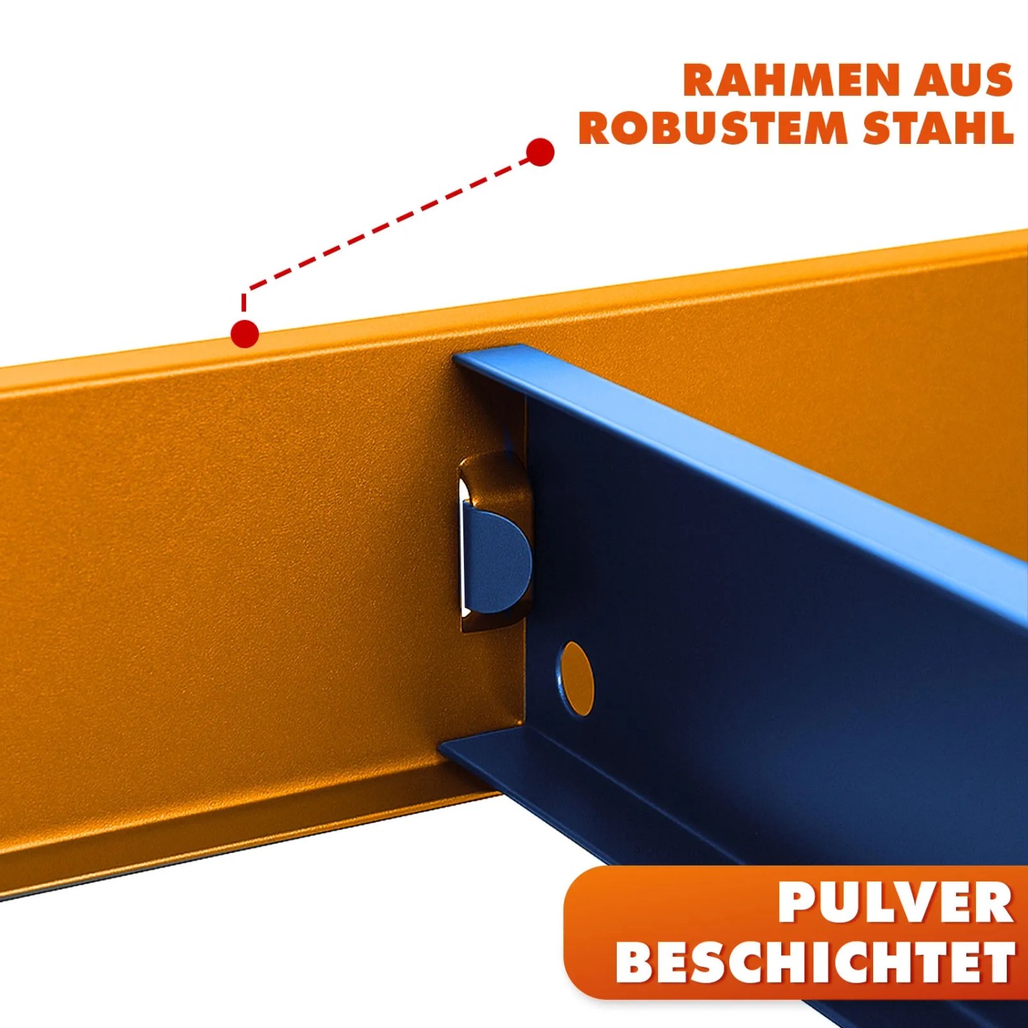 Detailaufnahme: Blau-oranges KARAT Schwerlastregal Rhino mit pulverbeschichtetem Stahlrahmen.