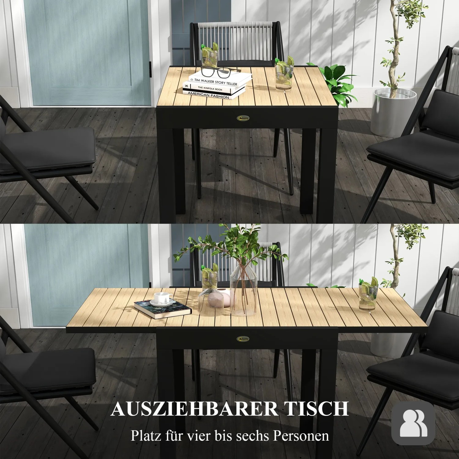 Ausziehbarer Gartentisch von Outsunny für 4-6 Personen, mit Lattenrost-Tischplatte und schwarzem Gestell.