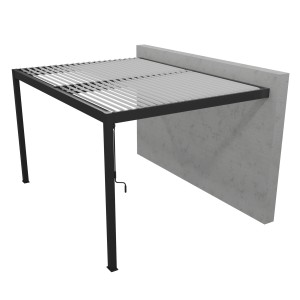 Graue Gardengate Anbaupergola Odin mit weißen Lamellen, 400x300 cm, zur Wandmontage.