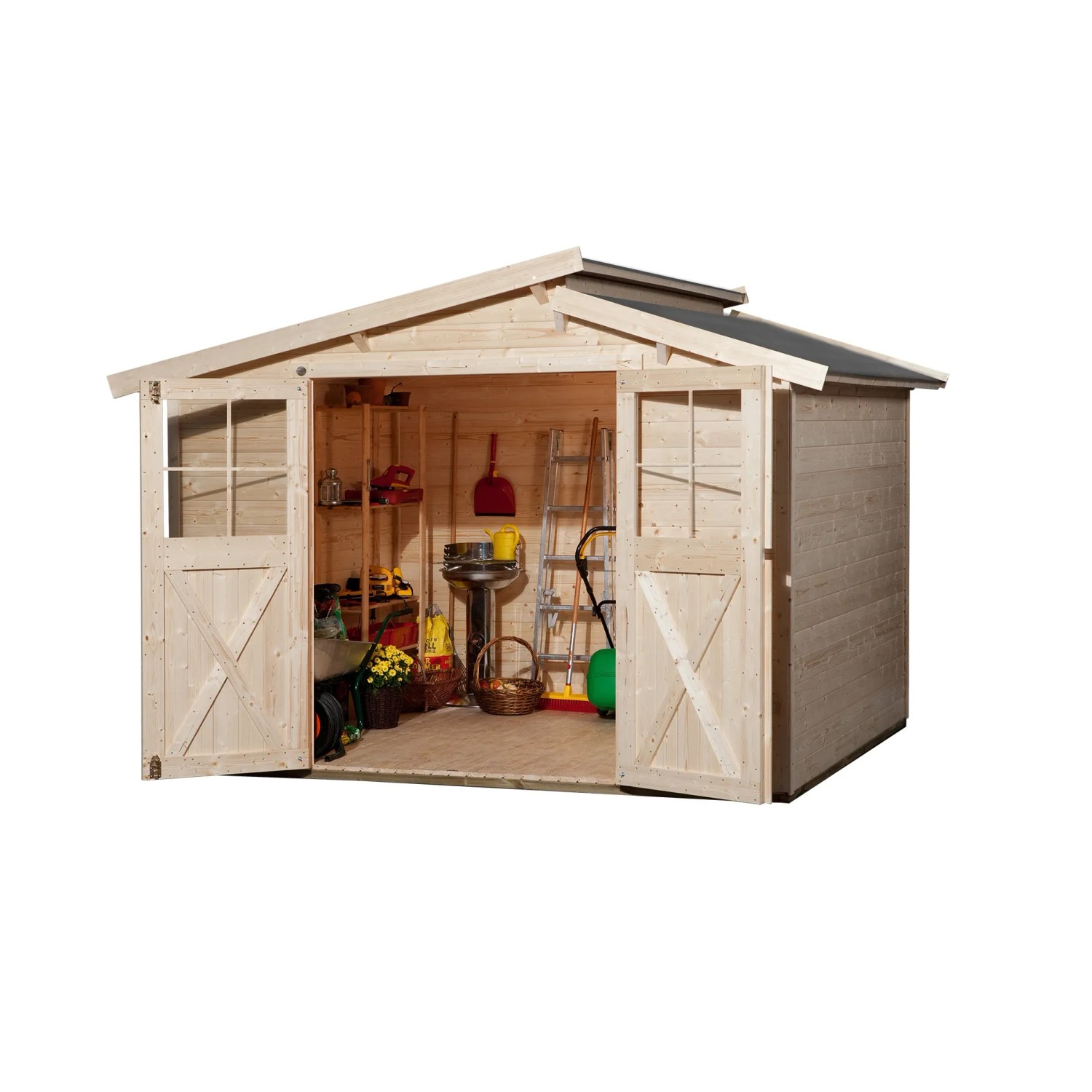 Unbehandeltes Weka Holz-Gartenhaus 323 mit versetztem Satteldach und geöffneten Doppeltüren.