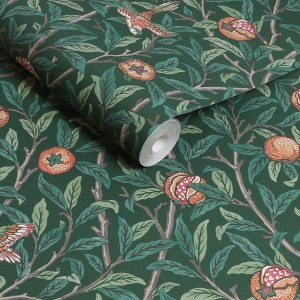 Grüne Vliestapete mit Vogel- und Granatapfelmuster von William Morris, 10 m x 52 cm.