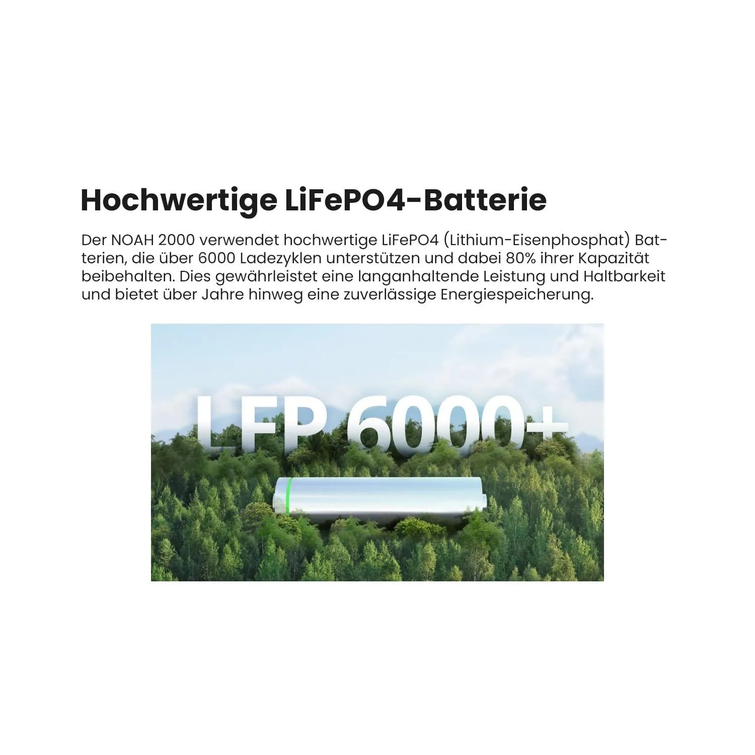 Growatt NOAH 2000 Solarspeicher LiFePO4 Batterie vor Baumkulisse.