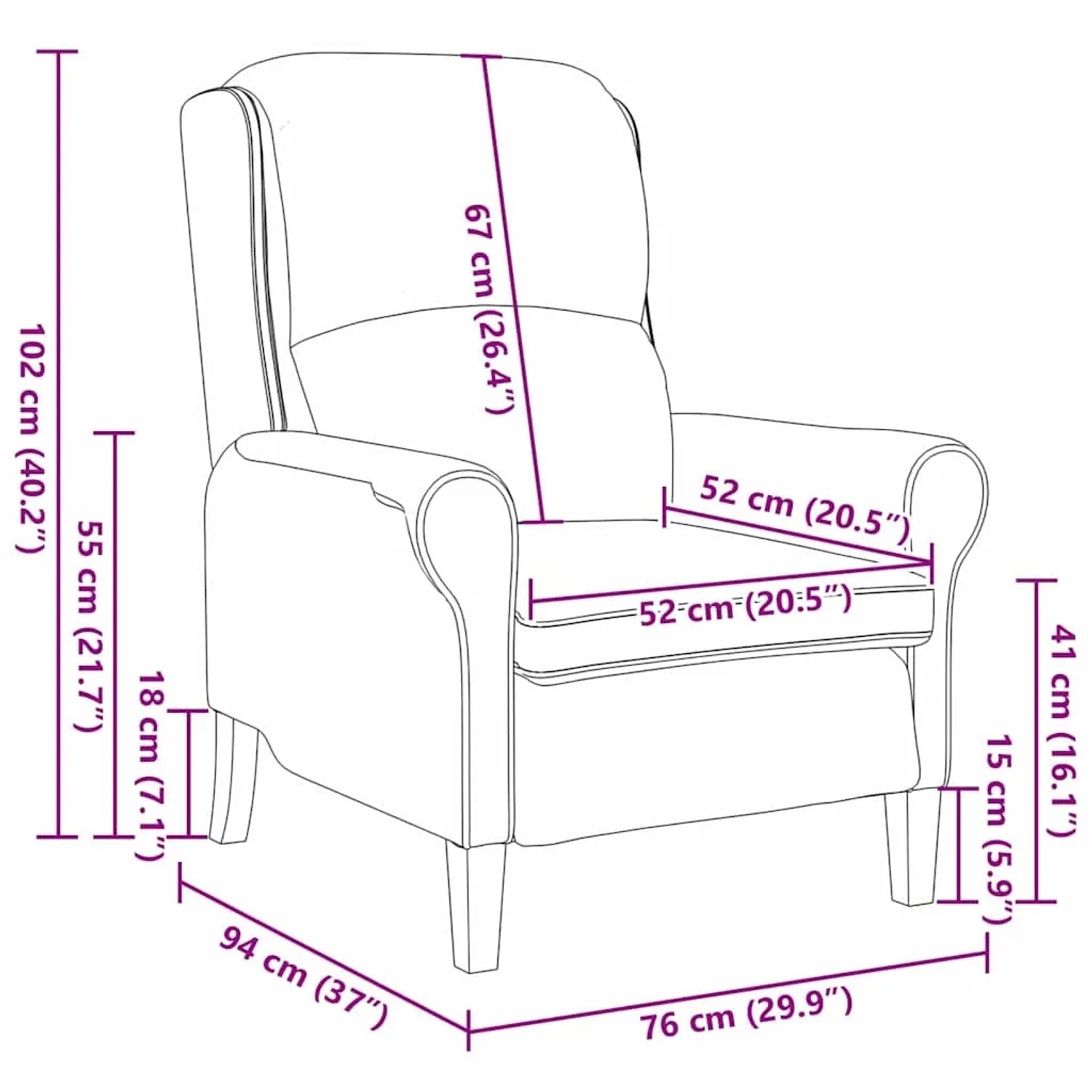 Maßzeichnung des vidaXL Loungesessels in Dunkelgrau Samt. Zeigt Breite 76 cm, Tiefe 94 cm, Höhe 102 cm.