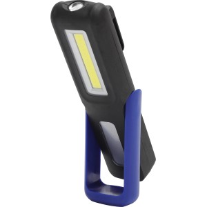 Schwarze Work-Line COB-LED Arbeitsleuchte mit blauem Standfuß. Taschenlampe für Werkstatt und Baustelle.