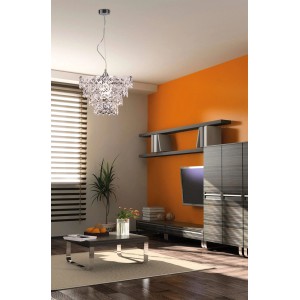 Moderne Acryl-Pendelleuchte Fancy Chrome, Ø 38cm, im Wohnraum. Elegante Hängelampe für stilvolle Beleuchtung.