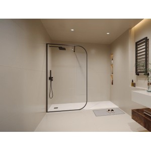 Moderne Vente-unique Duschwand Douyano 120 cm mit schwarzem Rahmen und gebogenem Glas für begehbare Duschen.