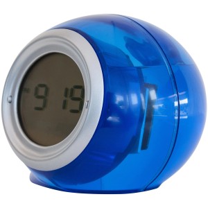 Blaue Fackelmann Wasseruhr, batterielos, mit LCD-Display. Eine innovative Uhr für den Nachttisch.