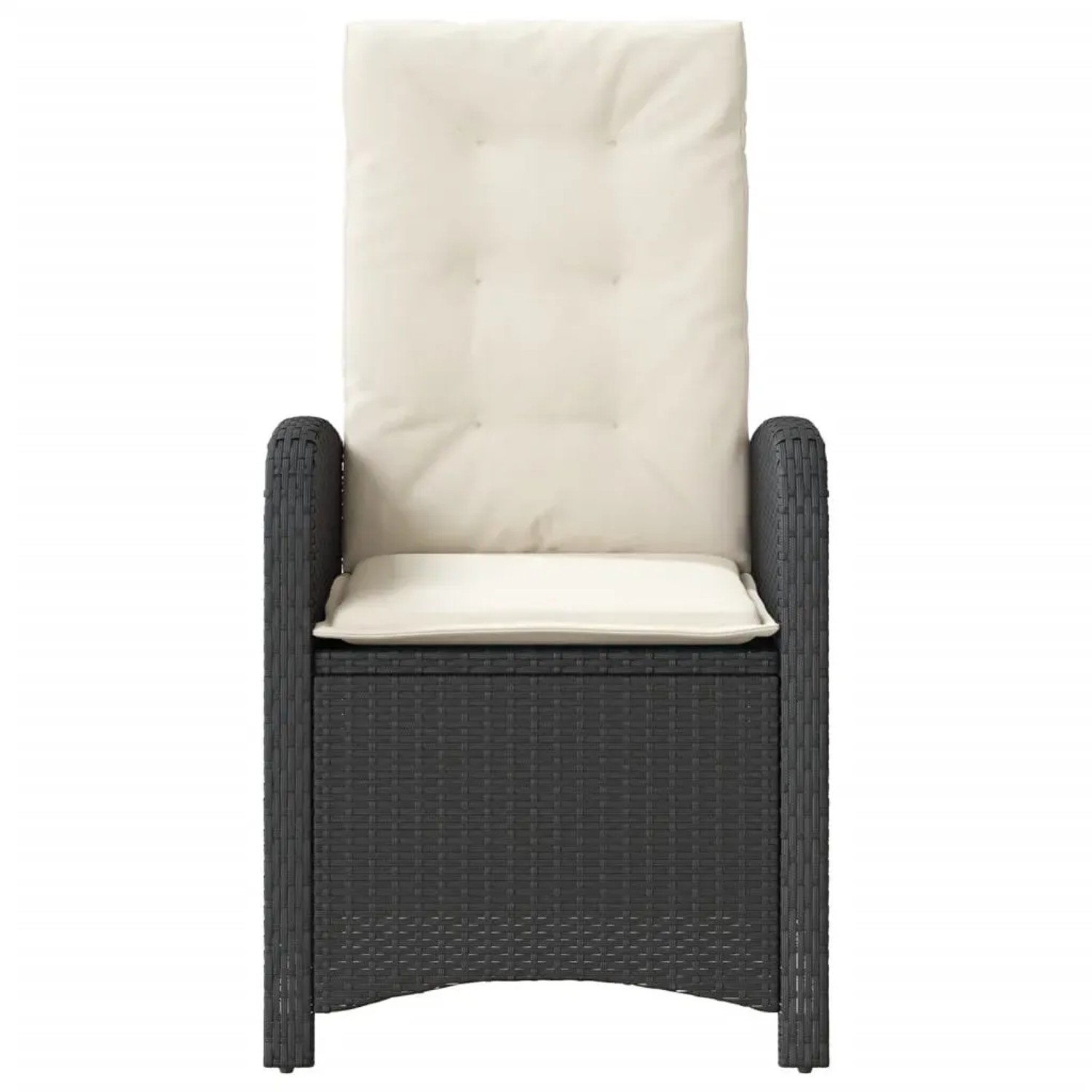 Schwarzer, verstellbarer Gartensessel aus Polyrattan mit cremeweißen Kissen (2er-Set).