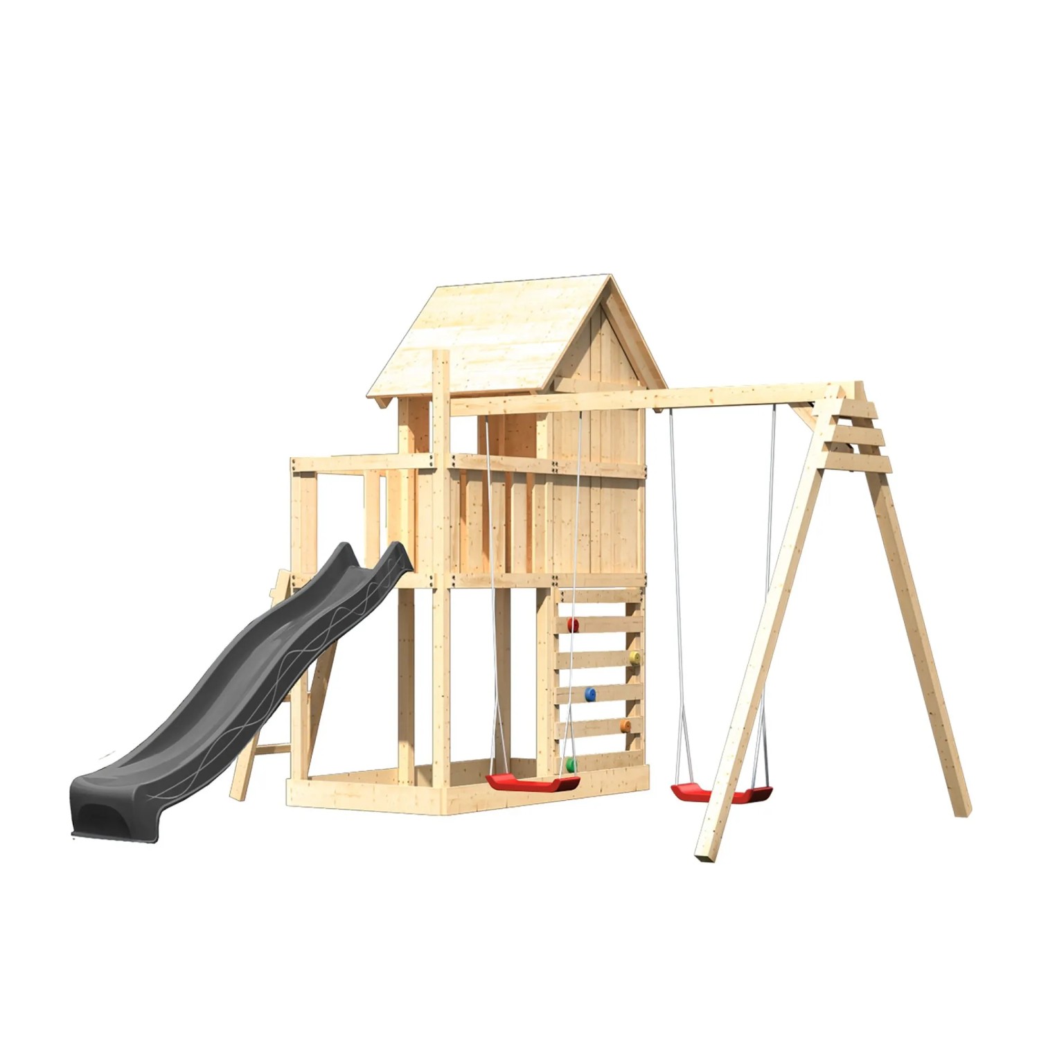 Karibu Spielhaus Frieda mit Rutsche Doppelschaukel u. Kletterwand