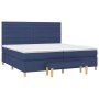 Blaues Boxspringbett 200x200 cm mit Matratze, Kopfteil und Bank.