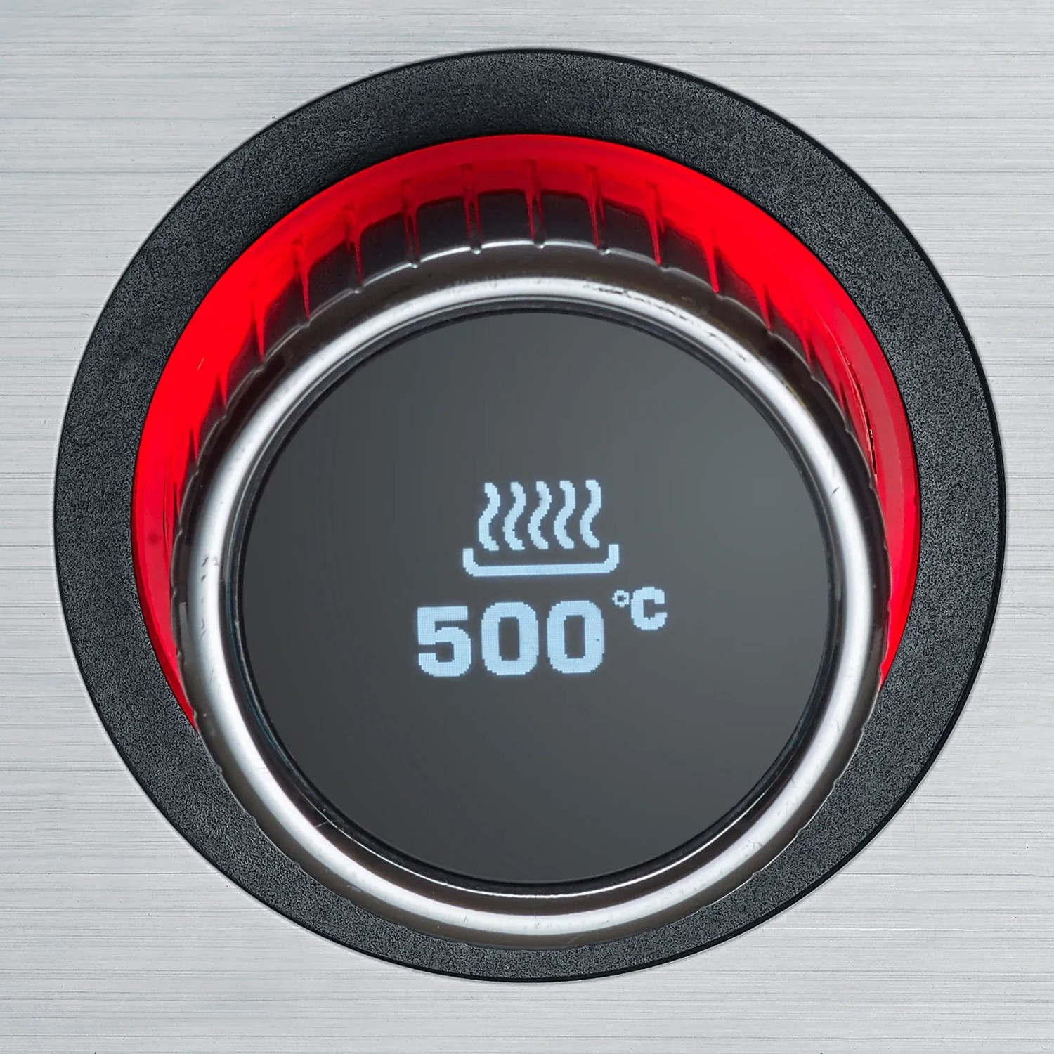 Detailaufnahme des digitalen Displays vom Severin SENOA Tischgrill, das 500°C anzeigt.