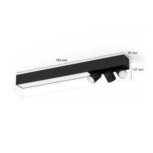 Schwarze Philips Hue Centris LED-Deckenleuchte mit 3 Spots und Maßen.