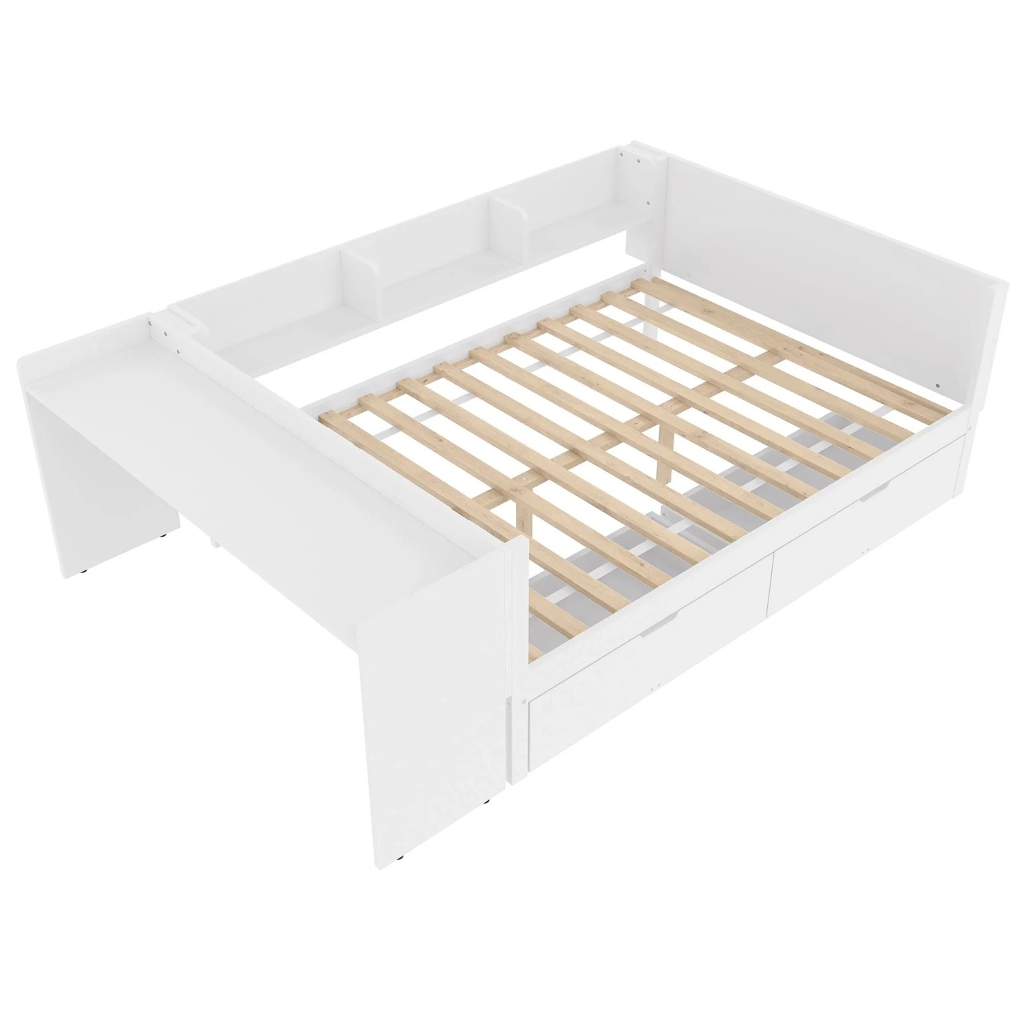 KOMHTOM Flachbett Holzbett 140x200Cm Mit Schreibtisch Regalen Ausgestattet Mit 2 Schubladen Doppelbett Weiß Ohne Matratze